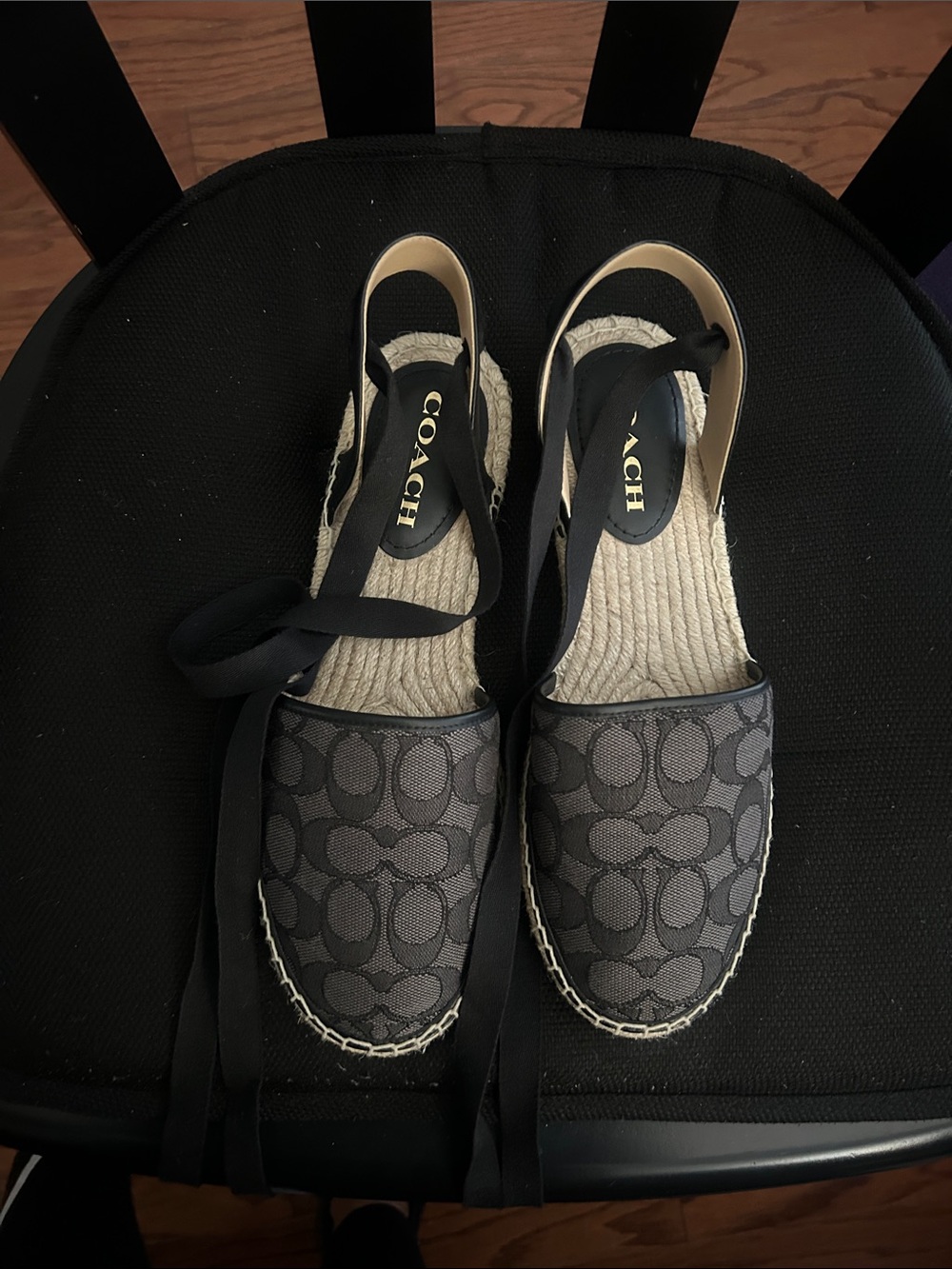 COACH Gray Signature Espadrille with Black Ribbon Ties